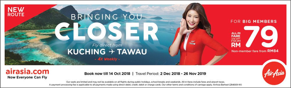 AirAsia Lancarkan Penerbangan Terus Dari Kuching ke Tawau