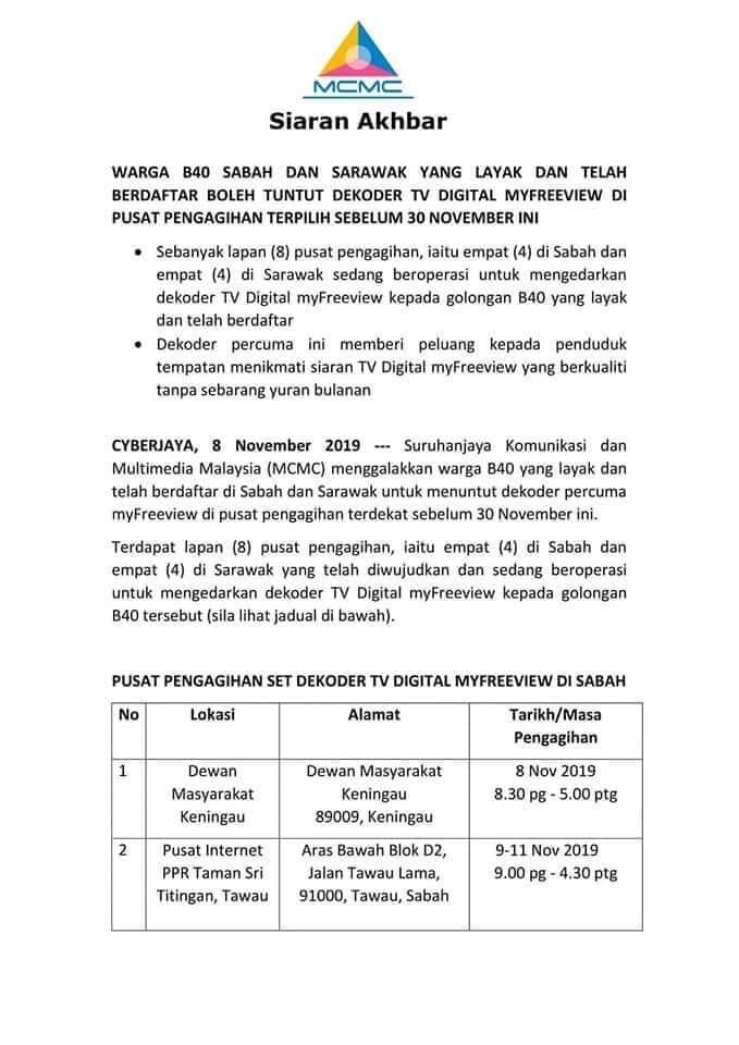 Berita Baik untuk Golongan B40 Sabah Sarawak! Tuntut Dekoder myFreeview Anda Sebelum 30 November