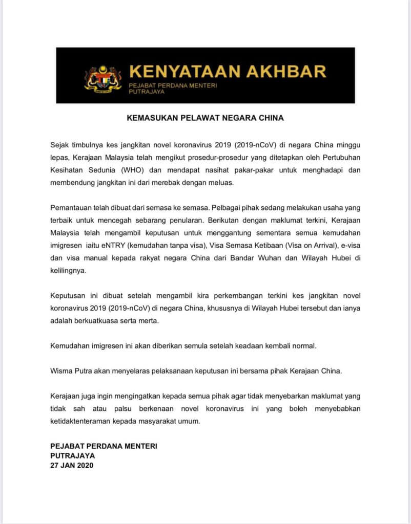 Kerajaan Menggantung Kemudahan Imigresen Warga China Dari Wuhan Serta Merta