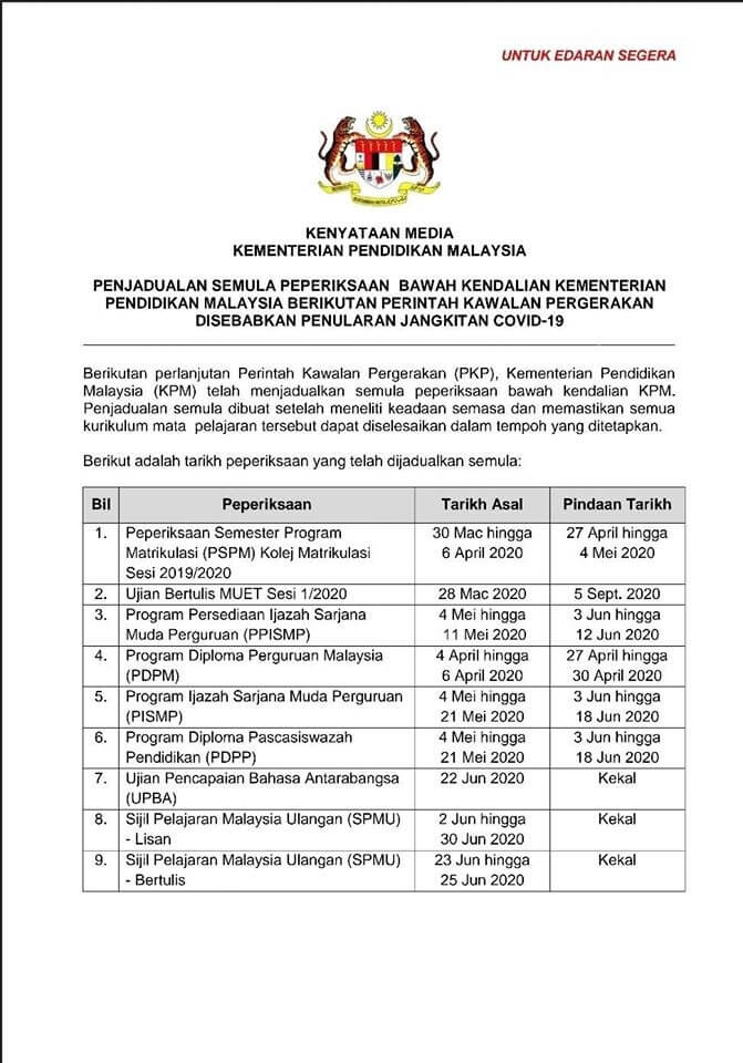 Kementerian Pendidikan Malaysia Umum SPM Ditunda, UPSR Kekal Pada Tarikh Biasa
