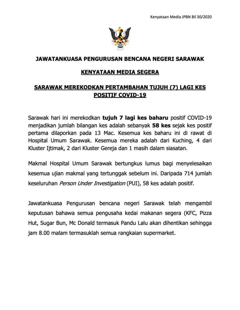 7 Kes Terbaru COVID-19 Di Sarawak Hari Ini, 58 Kes Keseluruhan Setakat Ini