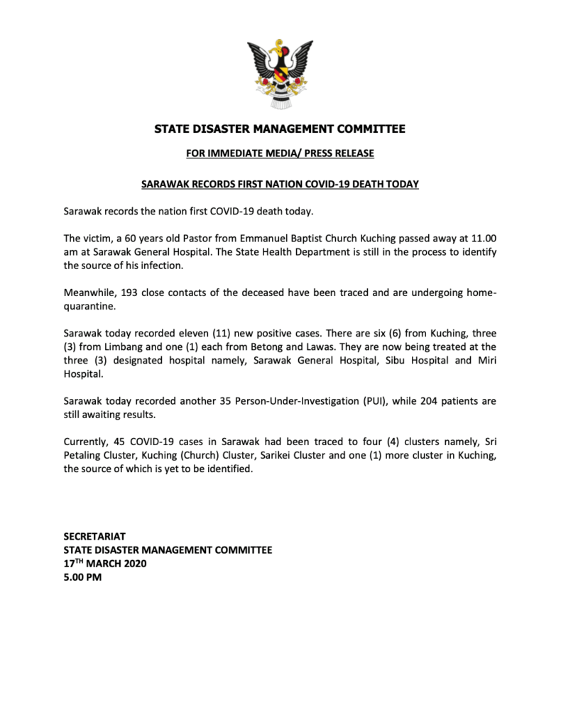 TERKINI : Kematian COVID-19 Pertama Di Malaysia Dicatat Di Sarawak