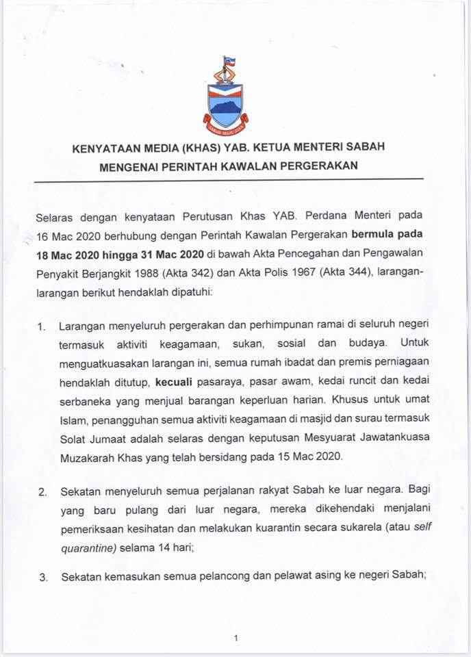 COVID-19 : Kerajaan Sabah Larang Rakyat Bukan Sabah Memasuki Negeri Berkenaan Serta Merta 8 COVID-19 : Kerajaan Sabah Larang Rakyat Bukan Sabah Memasuki Negeri Berkenaan Serta Merta