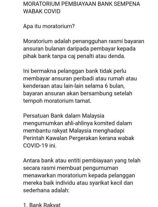 Bantuan COVID19 : 17 Buah Bank Tawar Payment Holiday Sehingga 6 Bulan