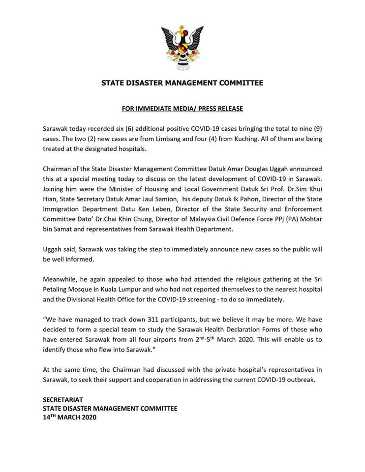 6 Kes Terbaru COVID19 Di Sarawak Hari Ini, 9 Kes Keseluruhan Dalam 2 Hari