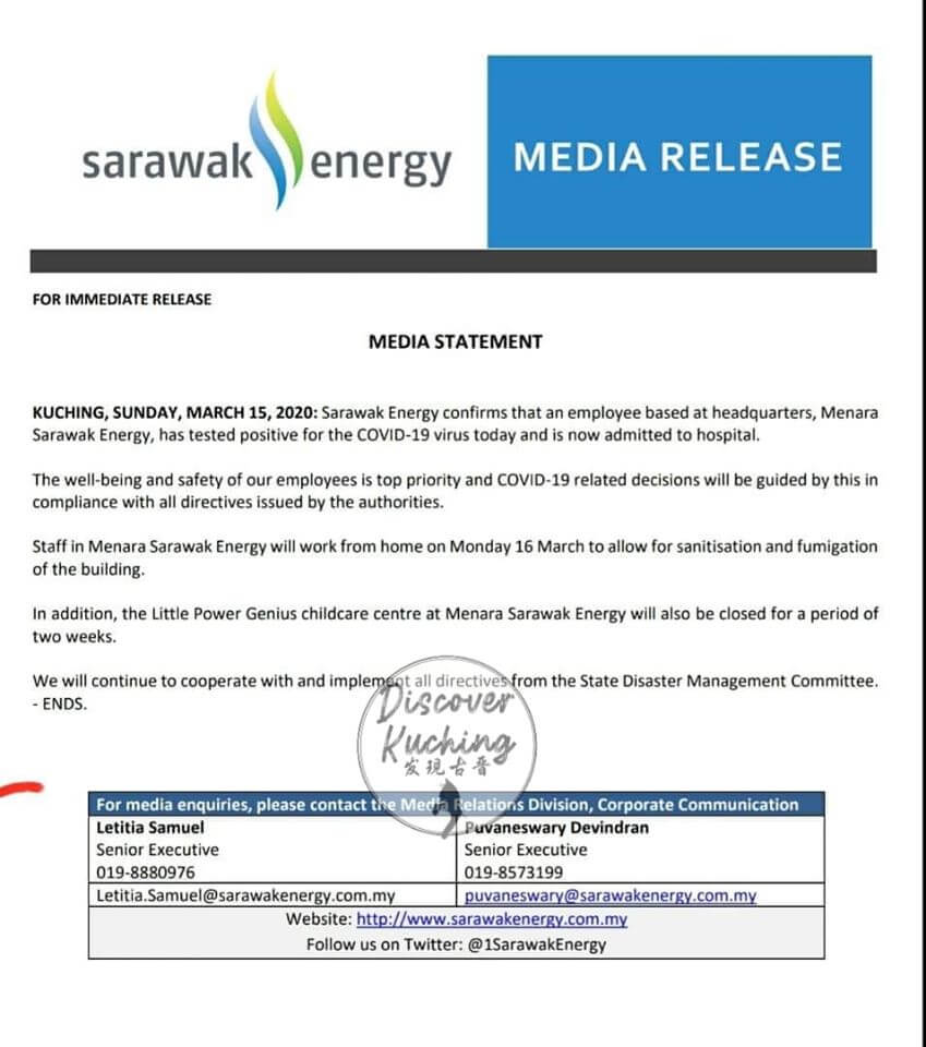 90097492 2543876235939702 6235623899053162496 o TERKINI : Staf Sarawak Energy Positif COVID19, Menara Sarawak Energy Ditutup Untuk Sanitasi