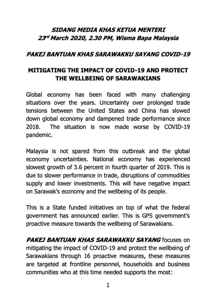Sarawak Umum Pakej Sarawakku Sayang, Bantuan RM 1,500 Kepada Golongan B40