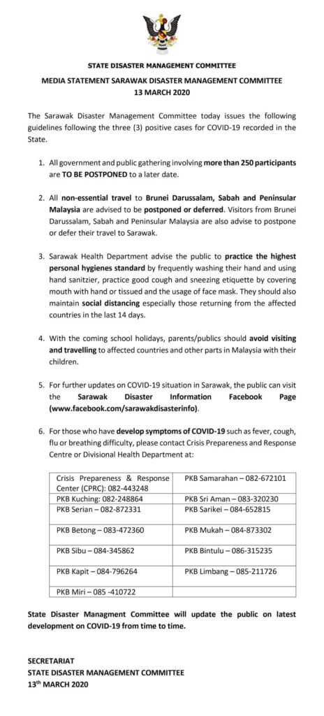 Kerajaan Sarawak Arah Acara Melebihi 250 Orang Ditangguh
