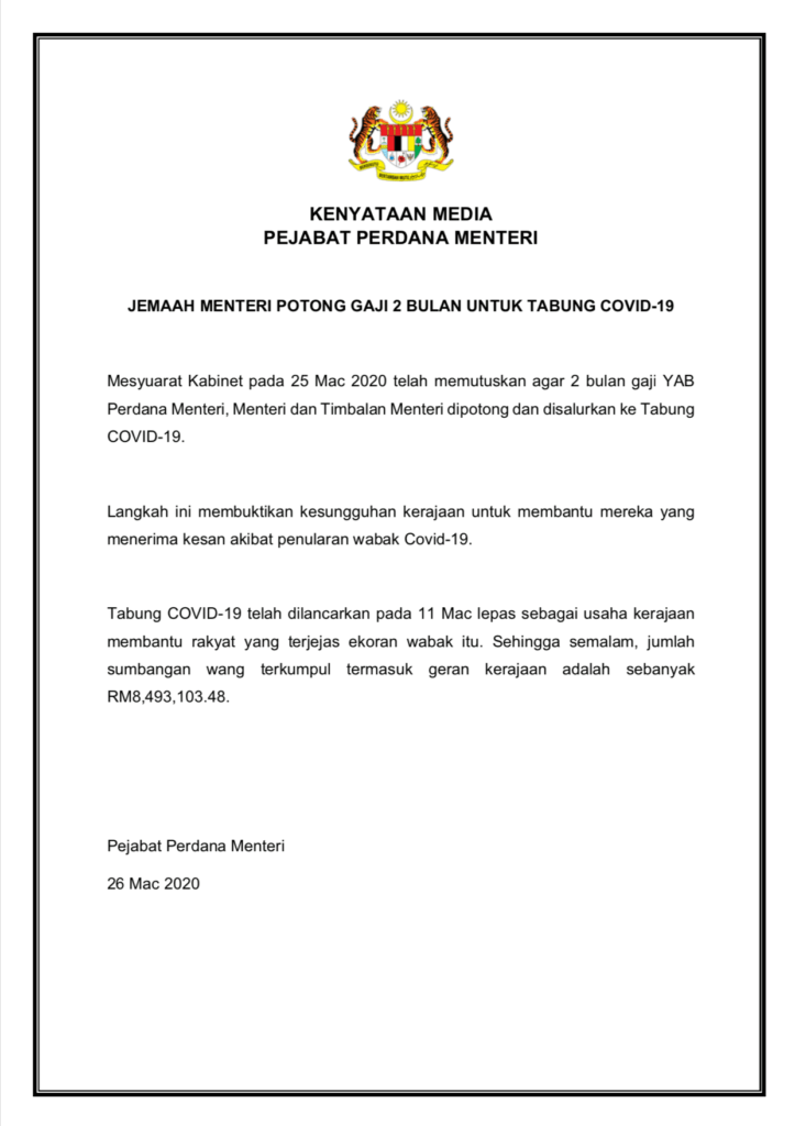 Krisis COVID-19 : Gaji Menteri Malaysia Dipotong 2 Bulan Untuk Sumbangan Tabung COVID-19