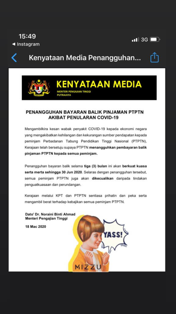 KPT Umum Pembayaran PTPTN Ditangguhkan Untuk 3 Bulan