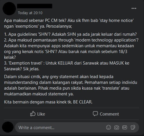 COVID-19 : Netizen Keliru Maksud 'Stay Home Notice' dan 'Exemption' Dari Kerajaan Sarawak