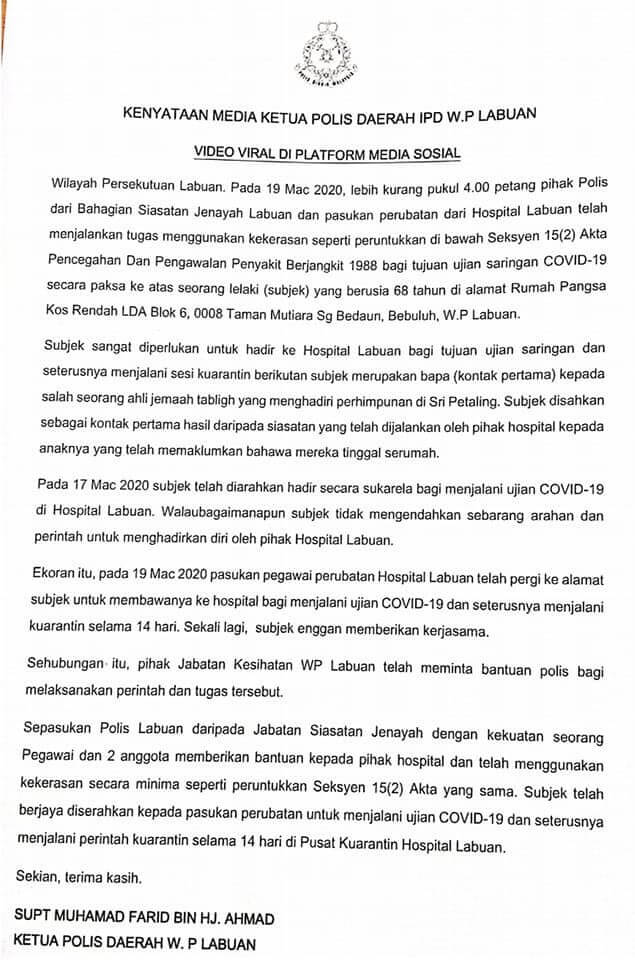 Polis Terpaksa Guna Kekerasan Tangkap Lelaki Ingkar Arahan Saringan COVID-19 Di Labuan