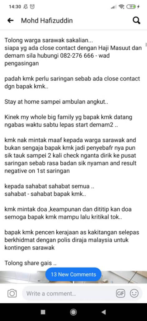 Bapa Lelaki Ini Sah Positif COVID-19, Rayu Close Contact Di Kuching Samarahan Jalani Saringan