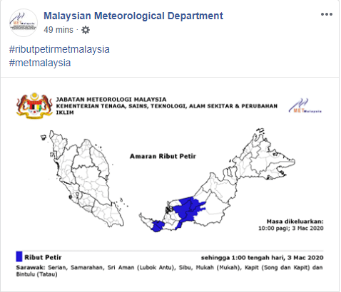 Amaran Ribut Petir Di 7 Buah Kawasan Di Sarawak Hari Ini
