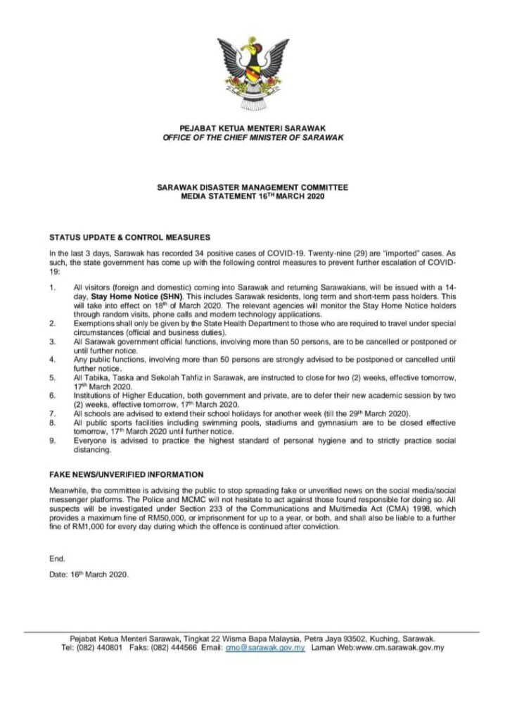 14 Kes Terbaru COVID19 Di Sarawak, Notis 14 Hari Stay Home Notice Untuk Semua Yang Masuk