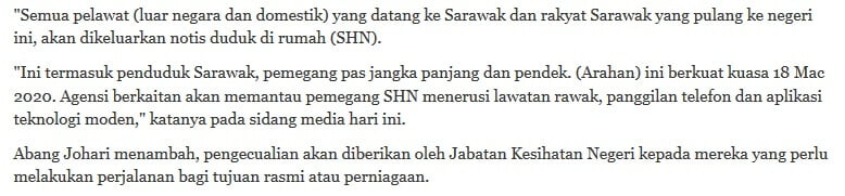 COVID-19 : Netizen Keliru Maksud 'Stay Home Notice' dan 'Exemption' Dari Kerajaan Sarawak