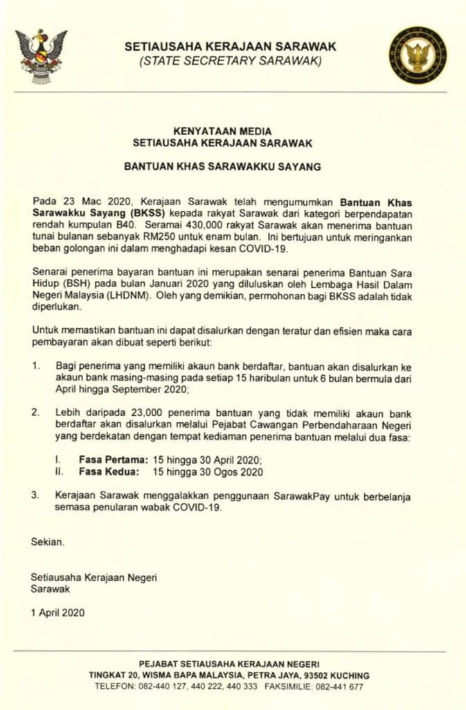Bantuan Sarawakku Sayang Disalurkan Ke Akaun Penerima Setiap 15 Haribulan Bermula April