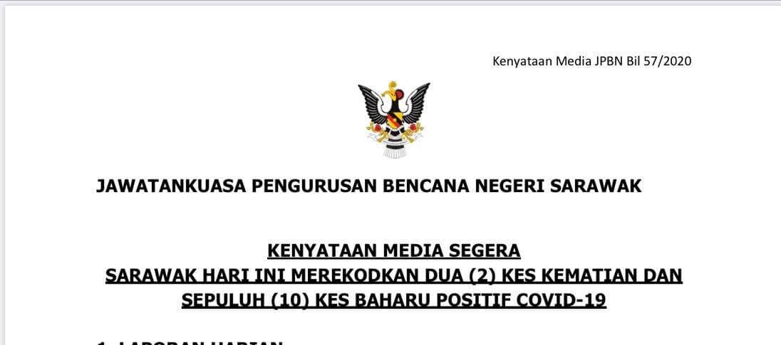 COVID19 : 2 Lagi Kematian, 10 Kes Positif COVID19 Di Sarawak Hari Ini, Samarahan Kini Zon Merah