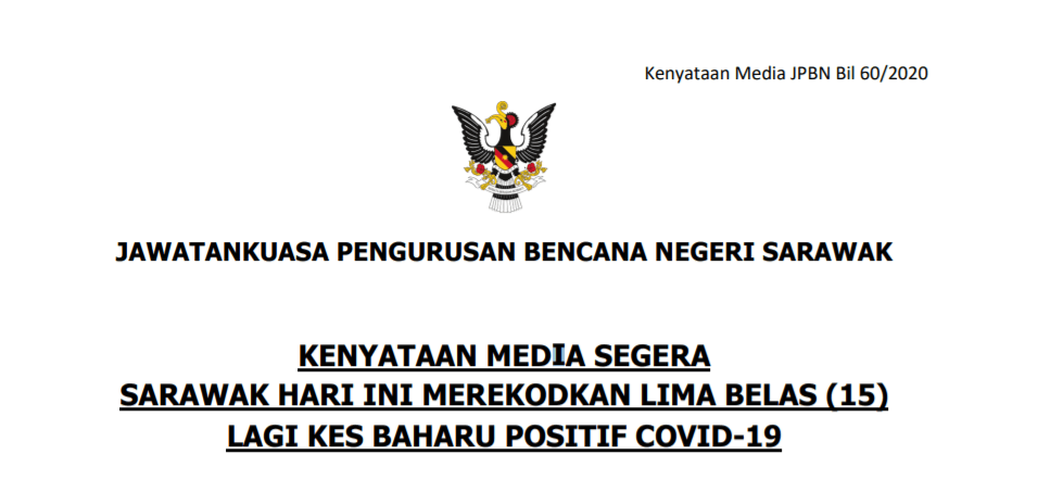 Terkini : Sarawak Catat 15 Kes Baharu Positif COVID19, 288 Keseluruhan Setakat Ini