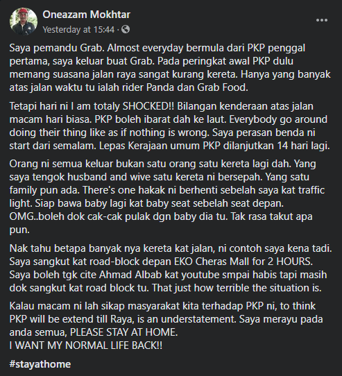 "PKP Boleh Dah Ibarat Ke Laut," Pemandu Grab Terkilan Melihat Jalan Raya Sesak Semasa PKP Fasa Ketiga