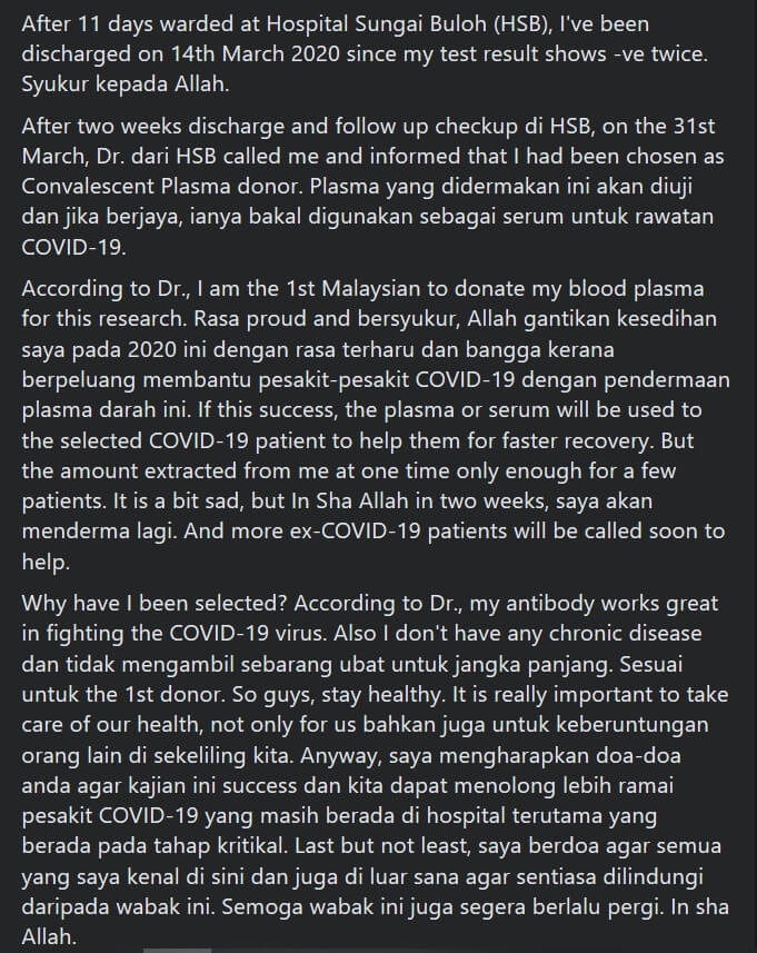 Plasma Darah Diuji Untuk Rawat COVID-19 Di Malaysia, Lelaki Ini Jadi Penderma Pertama