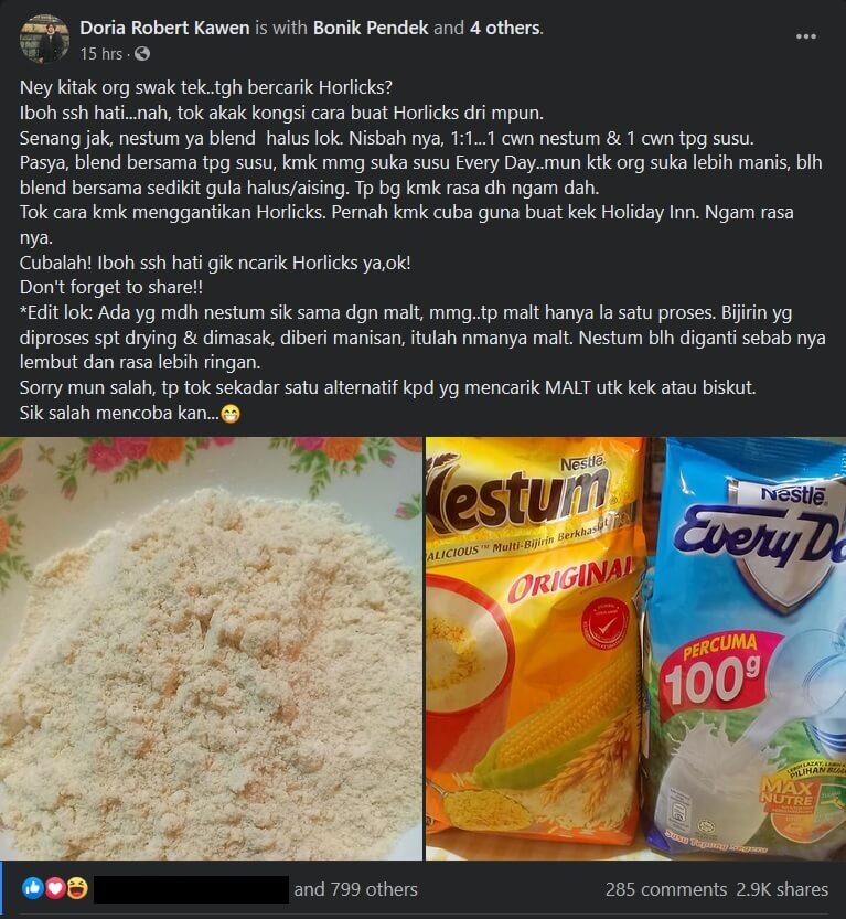 Wanita Ini Kongsi Cara Buat Serbuk 'Horlick' Guna 2 Bahan Sahaja