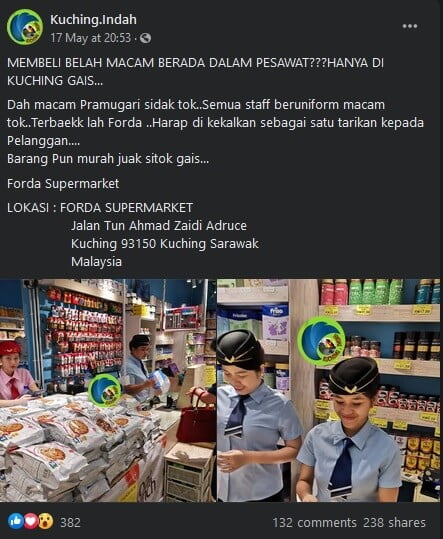 Berpakaian Seperti Pramugari, Ini Cara Kreatif Pasaraya Di Kuching Tarik Pelanggan