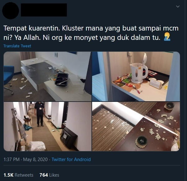 "Pengotor Mengalahkan Kera", Gambar Hotel Kuarantin Di Sarawak Rosak Teruk Tular