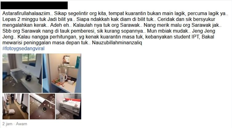 "Pengotor Mengalahkan Kera", Gambar Hotel Kuarantin Di Sarawak Rosak Teruk Tular