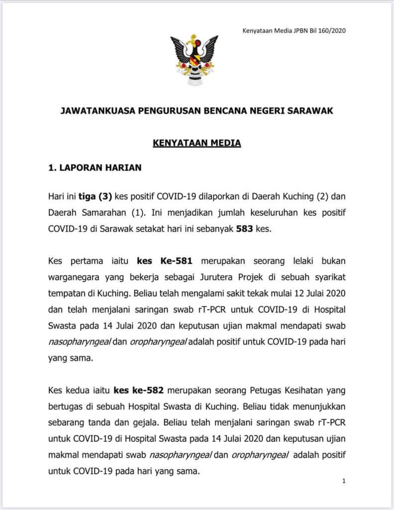 3 Kes Baru Hari Ini Adalah Transmisi Tempatan, Amaran Untuk Rakyat Sarawak Lebih Berhati-Hati