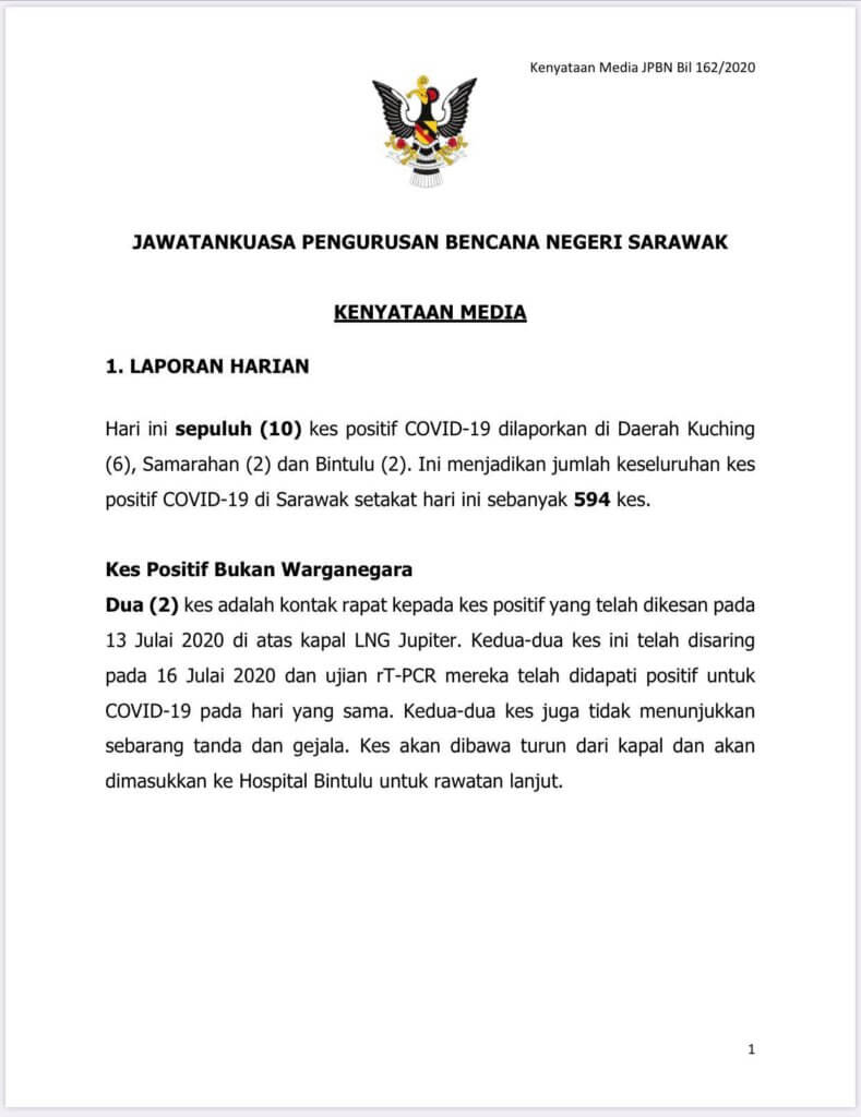Ibarat Gelombang Kedua, 10 Kes Baru Dikesan Di Sarawak Hari Ini
