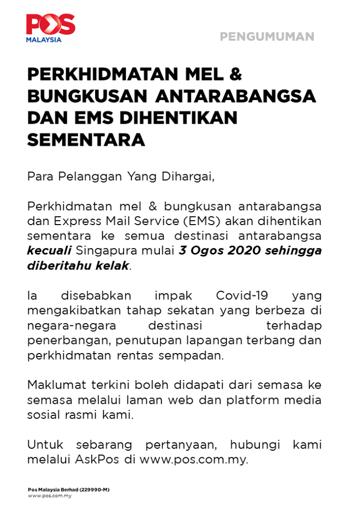 Pos Malaysia Tangguh Sementara Perkhidmatan Mel Dan Bungkusan Antarabangsa