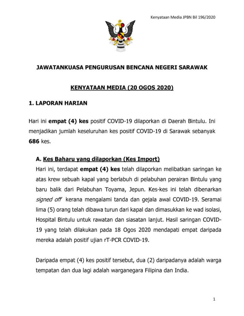 Sarawak Rekod 1 Kluster Baru, Kluster Stutong Tamat Hari Ini