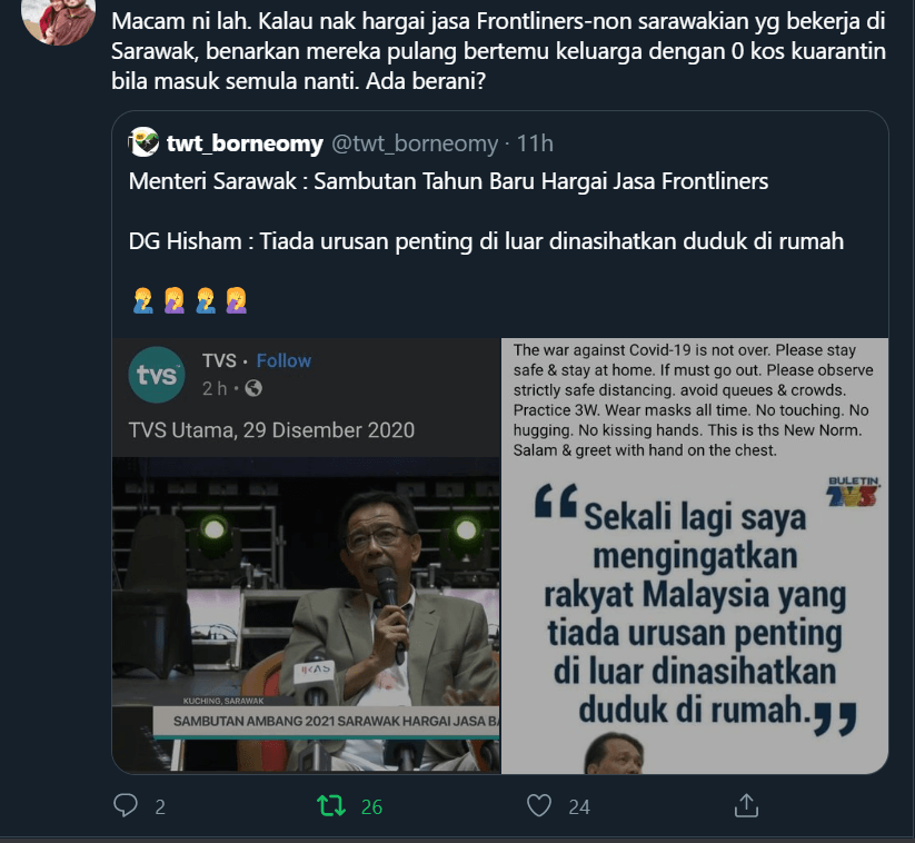 Artis Tak Perlu Kuarantin, Netizen Kecewa SOP Kuarantin Antara Dua Darjat Di Sarawak