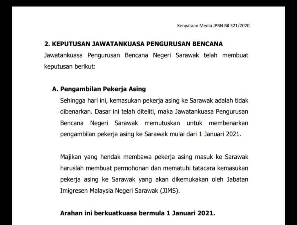 Sarawak Benarkan Semula Kemasukan Pekerja Warga Asing Mulai Januari 2021