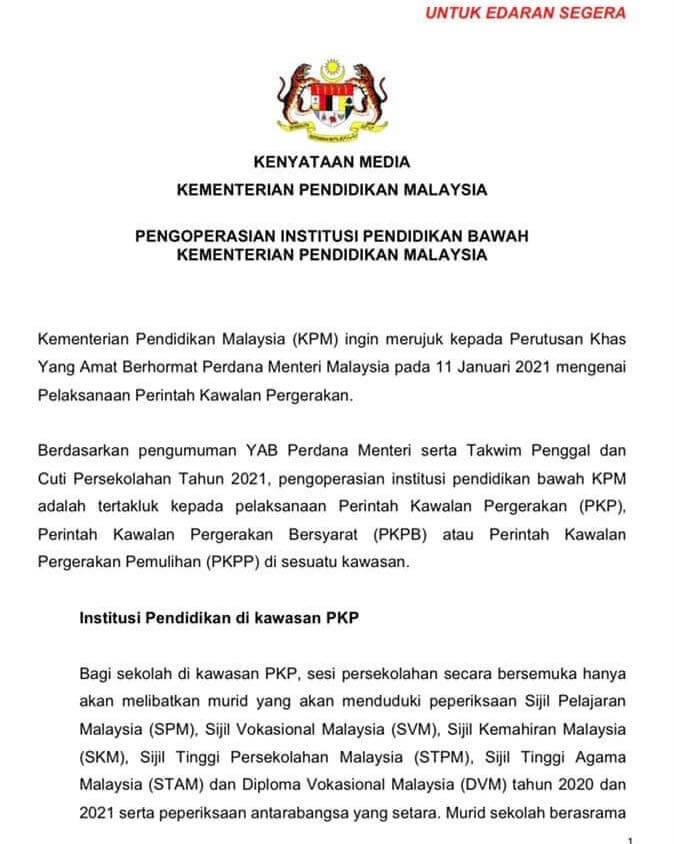 Institusi Pendidikan Operasi Ikut Takwim Di Negeri PKPB Dan PKPP, Keutamaan Untuk Pelajar Peperiksaan