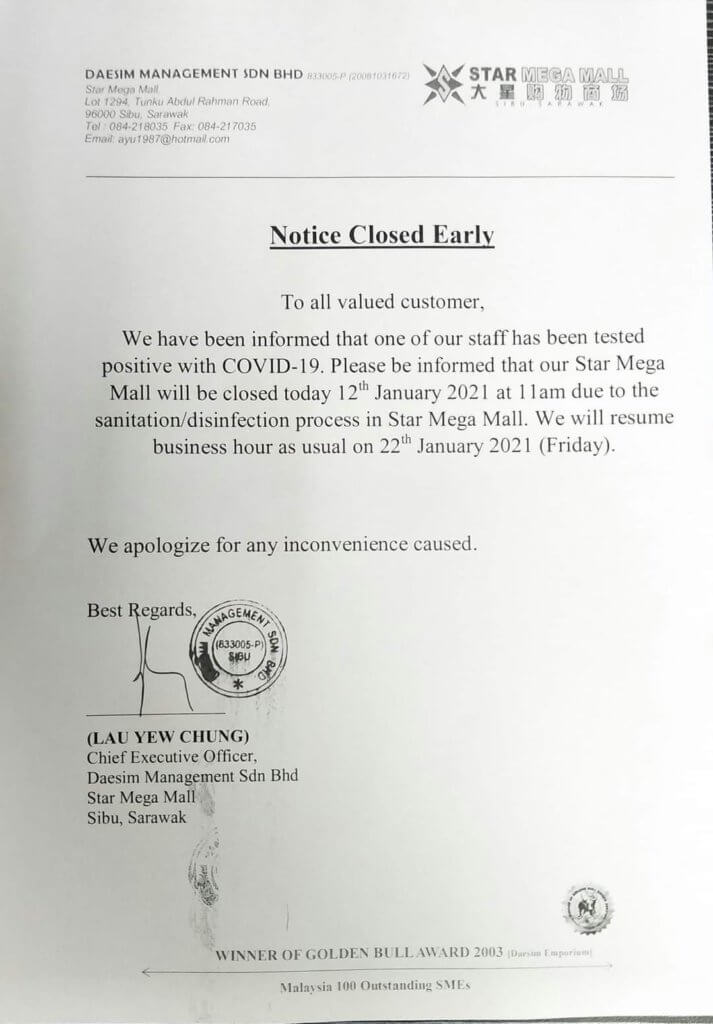 TERKINI: Staff Deasco Star Megamall Sibu Disahkan Positif COVID-19