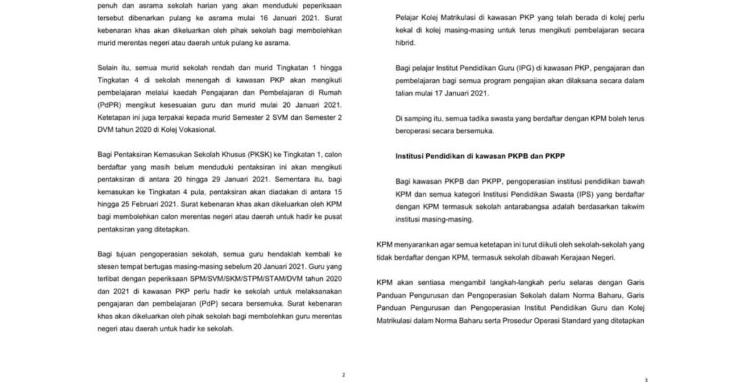 Institusi Pendidikan Operasi Ikut Takwim Di Negeri PKPB Dan PKPP, Keutamaan Untuk Pelajar Peperiksaan