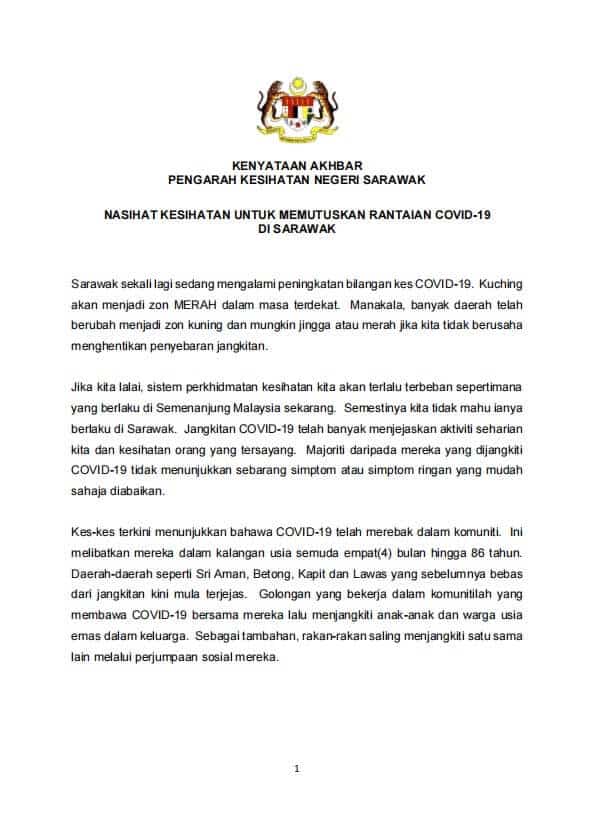 COVID-19 Telah Merebak Dalam Komuniti, Ini Nasihat Daripada Jabatan Kesihatan Negeri Sarawak