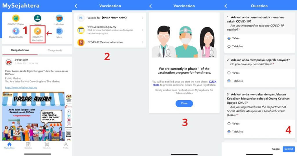 Aplikasi MySejahtera Kini Telah Dikemaskini Dengan Pendaftaran Vaksin COVID-19