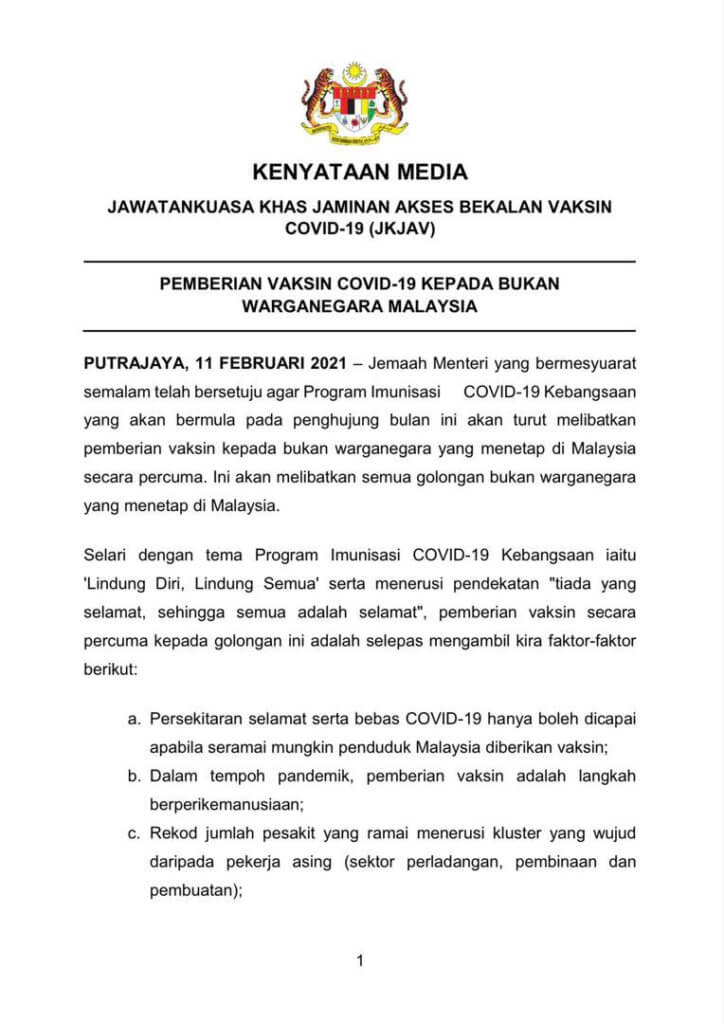 Vaksin COVID-19 Percuma Bagi Semua Rakyat Malaysia Termasuk Warga Asing Tanpa Dokumen