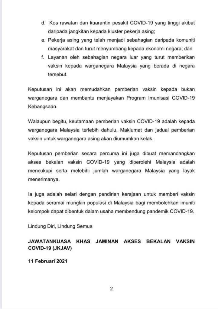 Vaksin COVID-19 Percuma Bagi Semua Rakyat Malaysia Termasuk Warga Asing Tanpa Dokumen