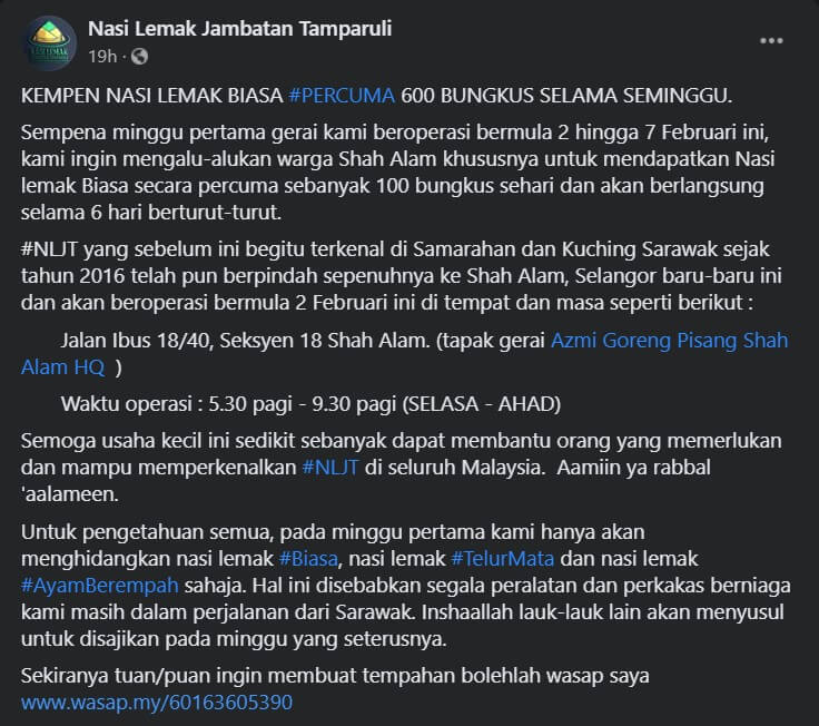 Gerai Baru Nasi Lemak Jambatan Tamparuli Di Shah Alam Beri 100 Bungkus Nasi Lemak Percuma Selama 6 Hari