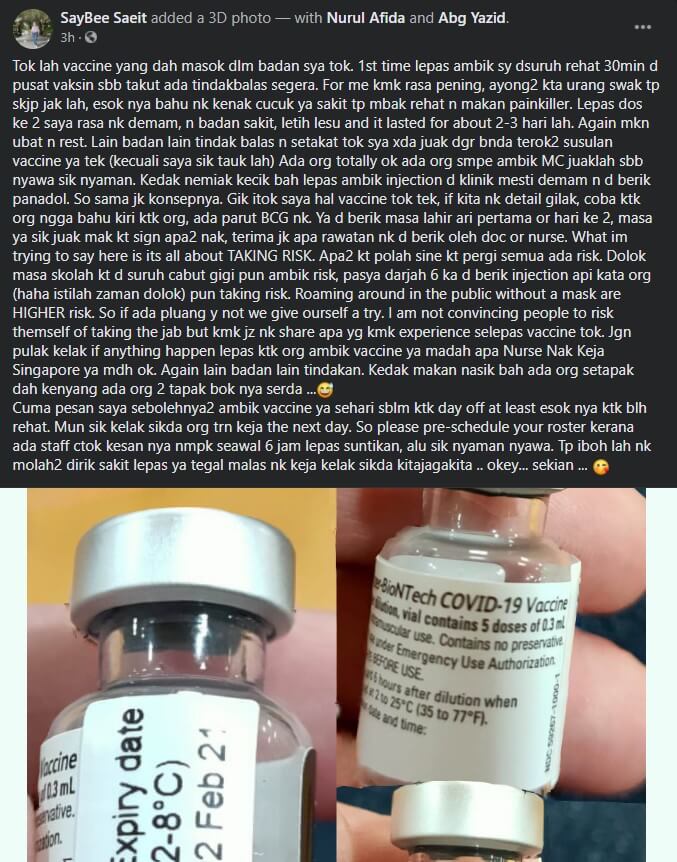 Jururawat Asal Sarawak Ini Dedah Tindak Balas Selepas Disuntik Vaksin COVID-19 Di Singapura