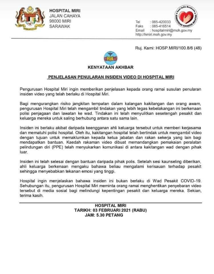 Isu Wanita Terlepas Masuk Ke Wad Dan Mengamuk Di Miri, Ini Penjelasan Daripada Pihak Hospital