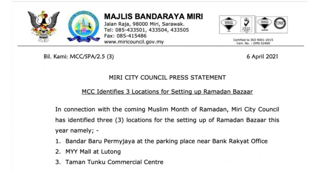 Miri Bandaraya Kedua Di Sarawak Umum Batalkan Bazaar Ramadan Tahun Ini