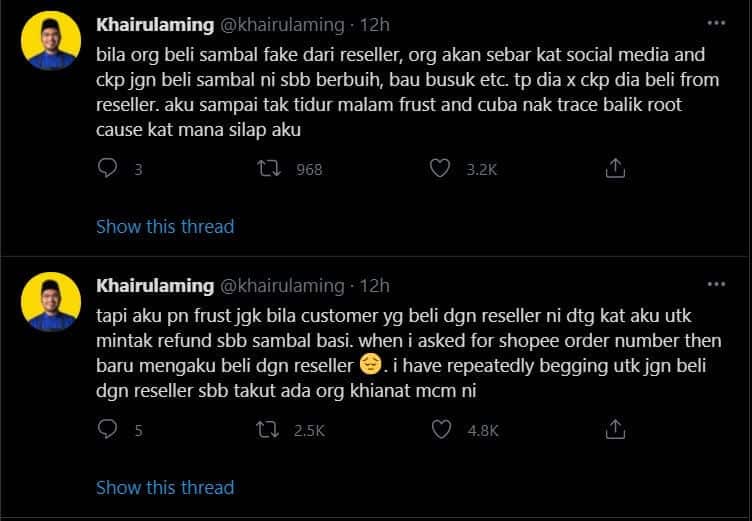 Khairulming Kongsi Dugaan Sambal Nyet Diciplak Oleh Individu Tidak Bertanggungjawab