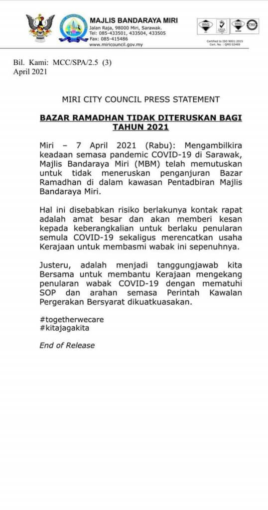 Miri Bandaraya Kedua Di Sarawak Umum Batalkan Bazaar Ramadan Tahun Ini
