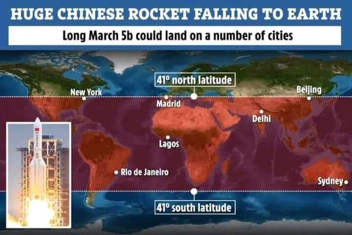 Rocket Dilancarkan China Gagal Dikawal, 21 Tan Serpihan Mungkin Akan Terhempas Ke Bumi