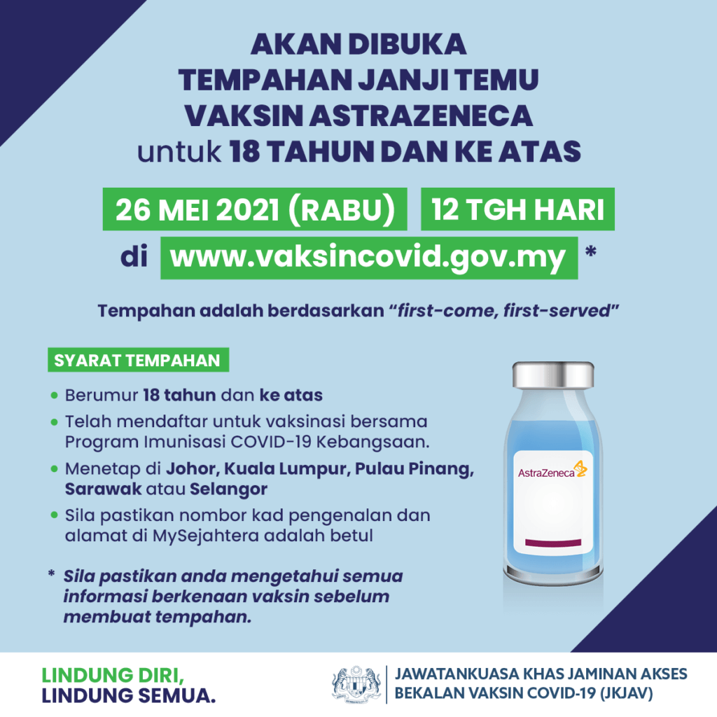 Siap Sedia! Temujanji Vaksin Astra Zeneca Untuk Individu 18 Tahun Ke Atas Dibuka Tengah Hari Esok
